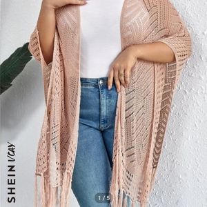 NWOT SHEIN VCAY Plus Fringe Hem Batwing Sleeve Open Knit Poncho in Blush